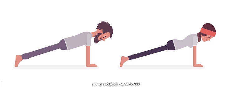 Young yogi man and woman in sports wear practicing yoga, partners doing Plank pose, Push ups or press ups exercise, stress-free yogic practice. Vector flat style cartoon illustration