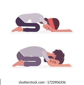 Young yogi man and woman in sports wear practicing yoga, partners doing Child pose, Balasana exercise, stress-free yogic meditation practice. Vector flat style cartoon illustration