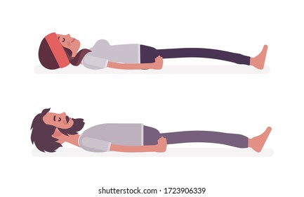 Junge Yogi Mann und Frau im Sport tragen Yoga praktizieren, Partner tun Dead Body, Savasana Pose, Corpse Übung, stressfreie yogic Meditation Übung. Vektorgrafik im Flachstil