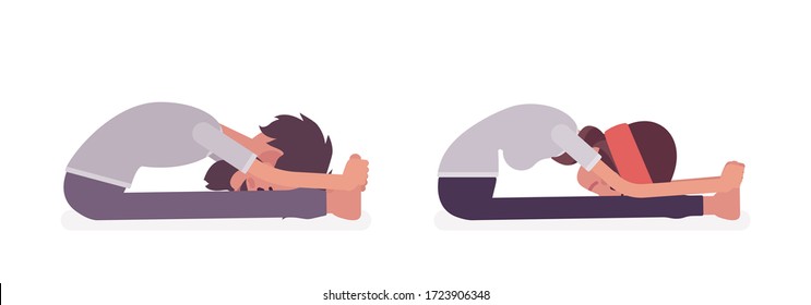 Young yogi man and woman in sports wear practicing yoga, partners doing paschimottanasana pose, Seated forward bend exercise, stress-free yogic practice. Vector flat style cartoon illustration