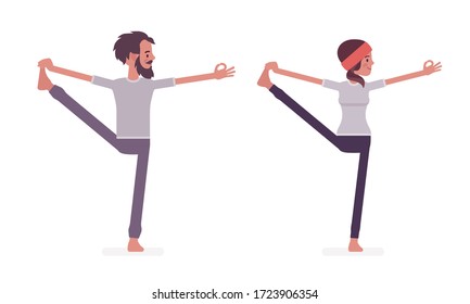 Young yogi man and woman in sports wear practicing yoga, partners doing Utthita Hasta Padangustasana pose, Extended Hand to Big Toe exercise, yogic practice. Vector flat style cartoon illustration