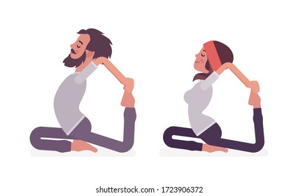 Young yogi man, woman in sports wear practicing yoga, partners doing One Legged King Pigeon pose, Eka Pada Rajakapotasana exercise, stress-free yogic practice. Vector flat style cartoon illustration