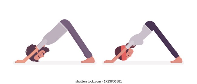 Young yogi man and woman in sports wear practicing yoga, partners doing Downward facing dog pose, adho mukha svanasana exercise, stress-free yogic practice. Vector flat style cartoon illustration