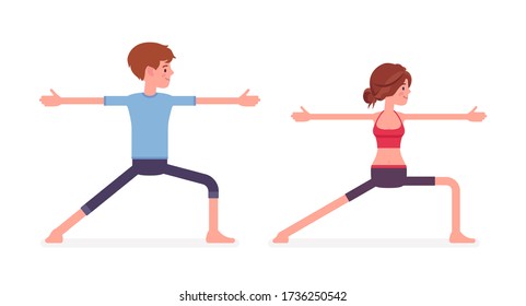 Young yogi man, woman in sports wear practicing yoga, partners doing Warrior two pose, Virabhadrasana 2 exercise, yogic practice for physical and mental health. Vector flat style cartoon illustration