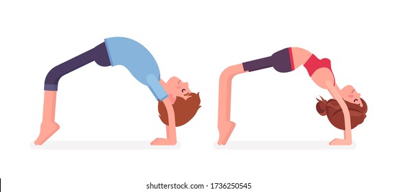 Young yogi man and woman in sports wear practicing yoga, partners doing Bridge pose, Urdhva Dhanurasana exercise, stress-free yogic practice. Vector flat style cartoon illustration, side view