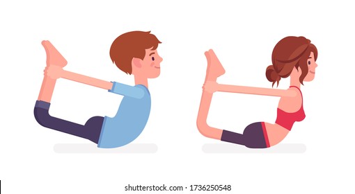 Young yogi man and woman in sports wear practicing yoga, partners doing Dhanurasana pose, Bow exercise, yogic practice for physical and mental health. Vector flat style cartoon illustration, side view