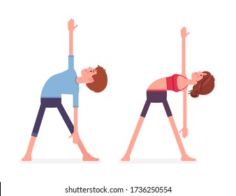 Young yogi man and woman in sports wear practicing yoga, partners doing Utthita Trikonasana pose, extended triangle exercise, yogic practice for physical health. Vector flat style cartoon illustration