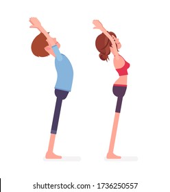 Young yogi man, woman in sports wear practicing yoga, partners doing mountain pose, Tadasana exercise, yogic practice for physical and mental health. Vector flat style cartoon illustration, side view