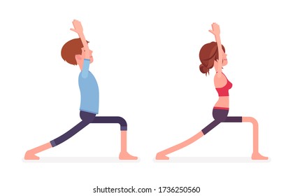 Young yogi man and woman in sports wear practicing yoga, partners doing Warrior one pose, Virabhadrasana 1 exercise, stress-free yogic practice. Vector flat style cartoon illustration, side view