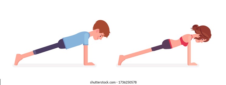 Young yogi man and woman in sports wear practicing yoga, partners doing Plank pose, Push ups or press ups exercise, stress-free yogic practice. Vector flat style cartoon illustration, side view