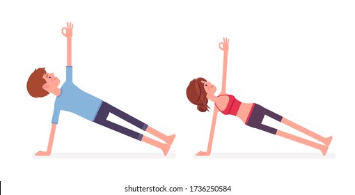Young yogi man and woman in sports wear practicing yoga, partners doing Vasisthasana pose, Side Plank exercise, yogic practice for physical and mental health. Vector flat style cartoon illustration