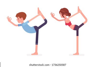 Young yogi man and woman in sports wear practicing yoga, partners doing Natarajasana pose, Lord of the Dance exercise, stress-free yogic practice. Vector flat style cartoon illustration, side view