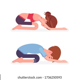 Junge Yogi Mann und Frau im Sport tragen Yoga praktizieren, Partner im Kinderspiel, Balasana Übung, stressfreie yogische Meditationspraxis. Zeichentrickdarstellung im Vector-Flachstil, Seitenansicht