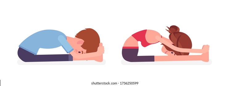 Young yogi man, woman in sports wear practicing yoga, partners doing paschimottanasana pose, Seated forward bend exercise, stress-free yogic practice. Vector flat style cartoon illustration, side view