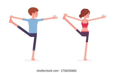 Young yogi man and woman in sports wear practicing yoga, partners doing Utthita Hasta Padangustasana pose, Extended Hand to Big Toe exercise, yogic practice. Vector flat style cartoon illustration