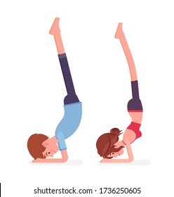 Young yogi man and woman in sports wear practicing yoga, partners doing Pincha Mayurasana pose, handstand exercise, stress-free yogic practice. Vector flat style cartoon illustration, side view