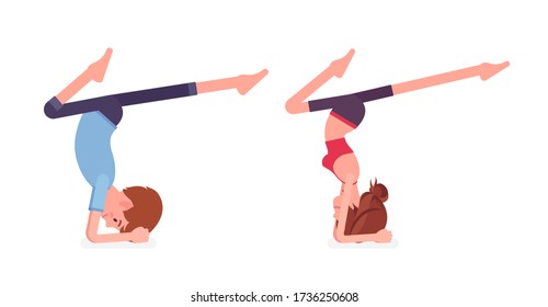 Young yogi man and woman in sports wear practicing yoga, partners doing Pincha Mayurasana pose, handstand exercise, stress-free yogic practice. Vector flat style cartoon illustration, side view