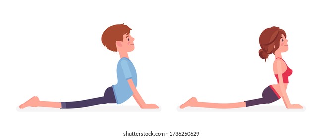 Young yogi man, woman in sports wear practicing yoga, partners doing Cobra pose, Bhujangasana exercise, yogic practice for physical and mental health. Vector flat style cartoon illustration, side view