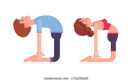 Young yogi man and woman in sports wear practicing yoga, partners doing Ustrasana pose, Camel exercise, yogic practice for physical and mental health. Vector flat style cartoon illustration, side view