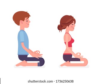 Young yogi man and woman in sports wear practicing yoga, partners doing seiza pose, vajrasana exercise, stress-free yogic meditation practice. Vector flat style cartoon illustration, side view