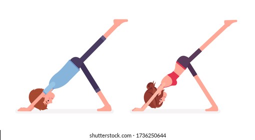 Young yogi man, woman in sports wear practicing yoga, partners doing downward facing dog pose, eka pada adho mukha svanasana exercise, yogic practice. Vector flat style cartoon illustration, side view