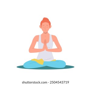 Young yogi woman cartoon character with eyes closed meditating and breathing in lotus position