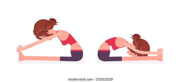Young yogi woman practicing yoga, doing Seated forward bend exercise, paschimottanasana pose, attractive sporty girl training for healthy habit workout. Vector flat style cartoon illustration