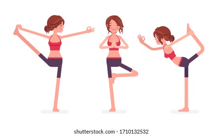 Young yogi woman practicing yoga, doing Utthita Hasta Padangustasana, Extended Hand to Big Toe exercise, Natarajasana, Lord of Dance and Vrksasana, Tree pose. Vector flat style cartoon illustration