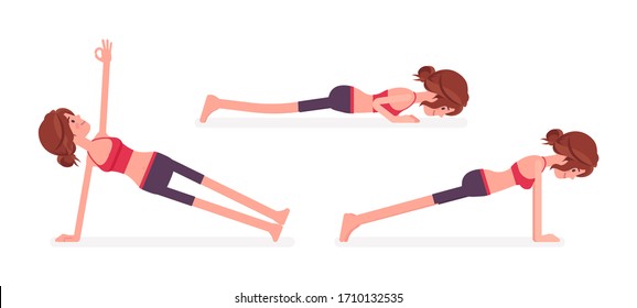 Young yogi woman practicing yoga, doing Push and press ups, phalankasana, Plank exercise, Vasisthasana pose, sporty girl training for healthy habit workout. Vector flat style cartoon illustration
