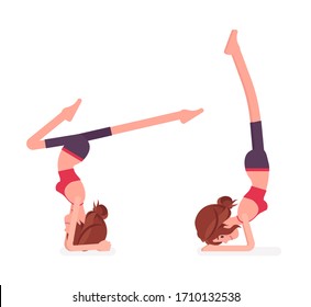 Young yogi woman practicing yoga, doing headstand, variation of salamba sirsasana pose and handstand exercise, attractive girl training, healthy habit workout. Vector flat style cartoon illustration