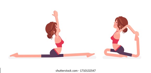 Young yogi woman practicing yoga, doing Monkey God, Splits, Hanumanasana pose and One Legged King Pigeon, Eka Pada Rajakapotasana exercise for healthy workout. Vector flat style cartoon illustration