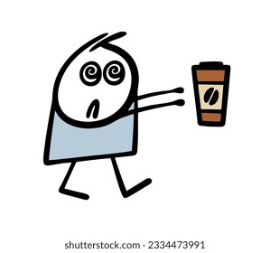 Young zombie guy goes and stretches out his hands to a cup of coffee. Vector illustration of dependence on a drink. Cute doodle stickman isolated on white background.