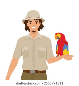 Young zookeeper playing with bird on his hand. Flat vector illustration isolated on white background