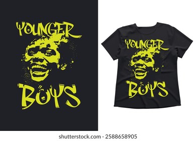 Younger boys, neon portrait, urban fashion, graffiti typography, streetwear design, bold graphic t-shirt, vibrant face illustration, modern pop art, expressive smile, edgy fashion, youth culture