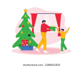 Younger brother getting a gift from older sister, celebrating Christmas together, year end vector illustration.