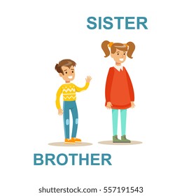 Younger Brother And Older Sister, Happy Family Having Good Time Together Illustration