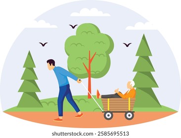 younger man assisting older man while seated in wooden wagon cart concept, caregiver son and father giving thumbs-up gesture vector design, Love romance banner, Valentines Day Scene human relationship
