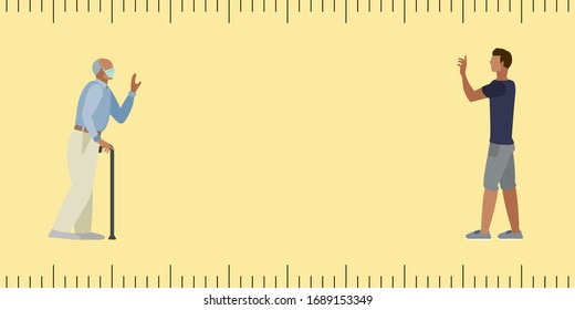 Younger man shows care for an elderly family member and maintains social distancing for COVID-19 coronavirus prevention concept vector with tape measure lines and copy space