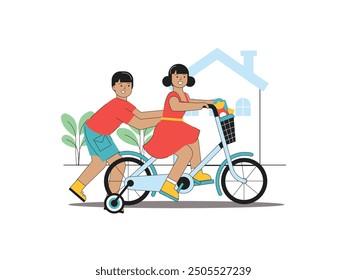 Younger sister learning to ride a bicycle with the help of older brother in the front yard, family. Character design. Flat vector illustration