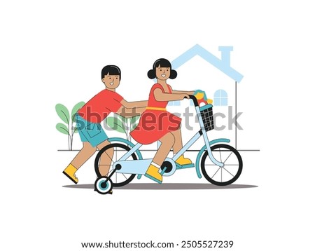Younger sister learning to ride a bicycle with the help of older brother in the front yard, family. Character design. Flat vector illustration