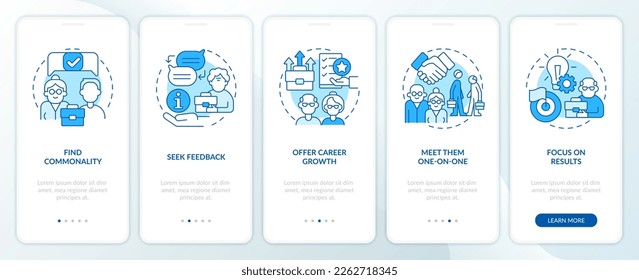 Younger supervisors vs older workers blue onboarding mobile app screen. Walkthrough 5 steps editable graphic instructions with linear concepts. UI, UX, GUI template. Myriad Pro-Bold, Regular fonts use