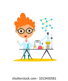 Youngest scientist. Baby kid doing chemistry experiments. Holding flask and test tube in hands. Flat style vector cartoon illustration