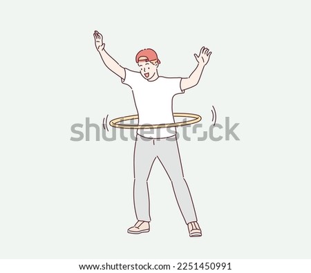 A youngman doing exercise with a hula-hoop. Fitness woman. Hand drawn style vector design illustrations.