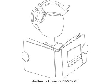 Youngman leyó un dibujo de una línea de libro. Diseño de minimalismo minimalista con dibujo manual continuo aislado en ilustración vectorial de fondo blanco.