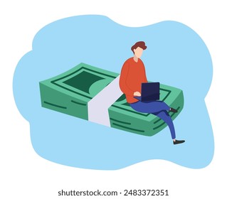 youngman working with laptop sitting on heap of dollar banknotes or online business making money salary and investment return