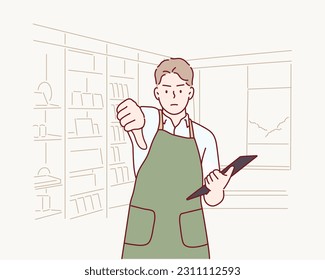 Youngman working as manager at book shop looking unhappy and angry showing rejection and negative with thumbs down. Hand drawn style vector design illustrations.