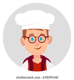 Youngster with glasses and dark red backpack on shoulders in chef's white hood in gray circle, vector isolated illustration in cartoon style