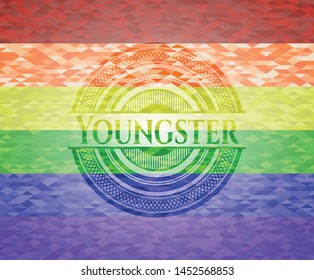 Youngster on mosaic background with the colors of the LGBT flag