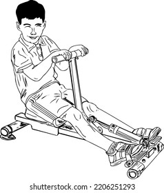 Youngsters doing ABS exercise on machine in gym, Kid sitting on exercise machine outline art vector illustration, Do Exercise Cartoon doodle sketch drawing silhouette