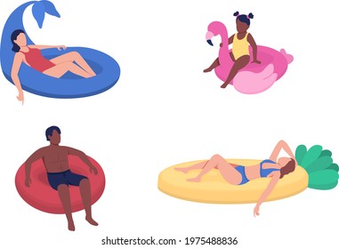 Youngsters floating in inflatable floats flat color vector faceless characters set. Relaxing in swimming pool isolated cartoon illustrations collection for web graphic design and animation